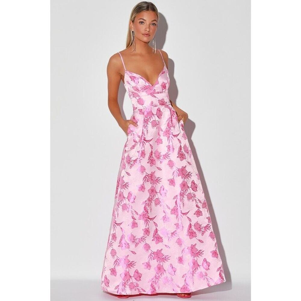 Lulu's Women's size S Passion Pink Floral Print Jacquard Maxi Dress Gown Lined